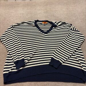 Joe Fresh Navy & Cream Striped V-Neck Sweater – Size XL 0600
